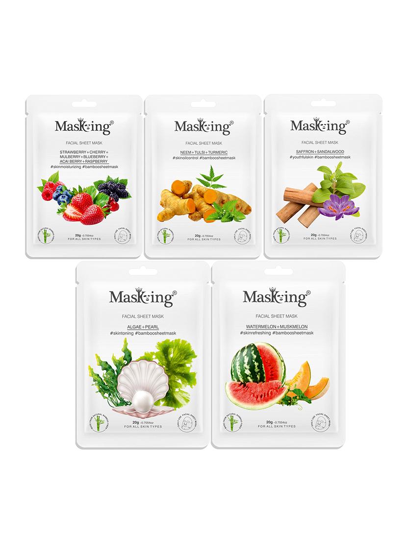 masking bamboo facial sheet mask of strawberry, neem, saffron, algae & watermelon ideal for women & men (combo pack of 5)