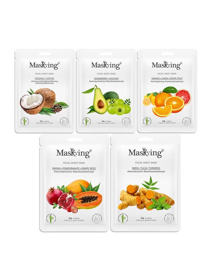 masking bamboo facial sheet mask of coffee, gooseberry, orange, papaya & neem ideal for women & men (combo pack of 5) (100 g) - 18398618 - Zoom Image - 0