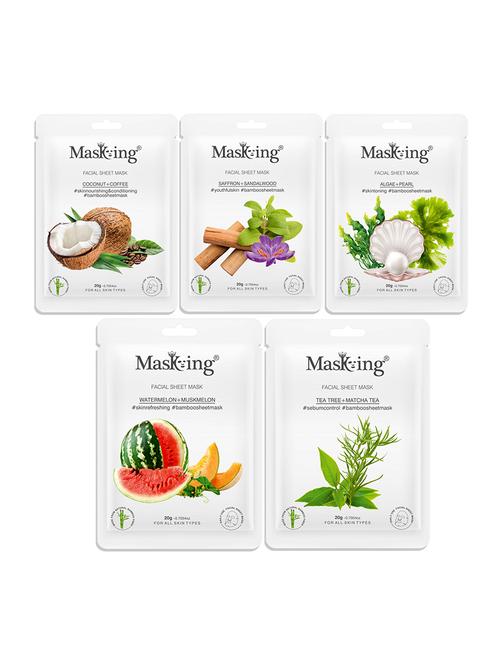 masking bamboo facial sheet mask of coffee, saffron, algae, watermelon & tea tree ideal for women & men (combo pack of 5) - 18398622 -  Standard Image - 0