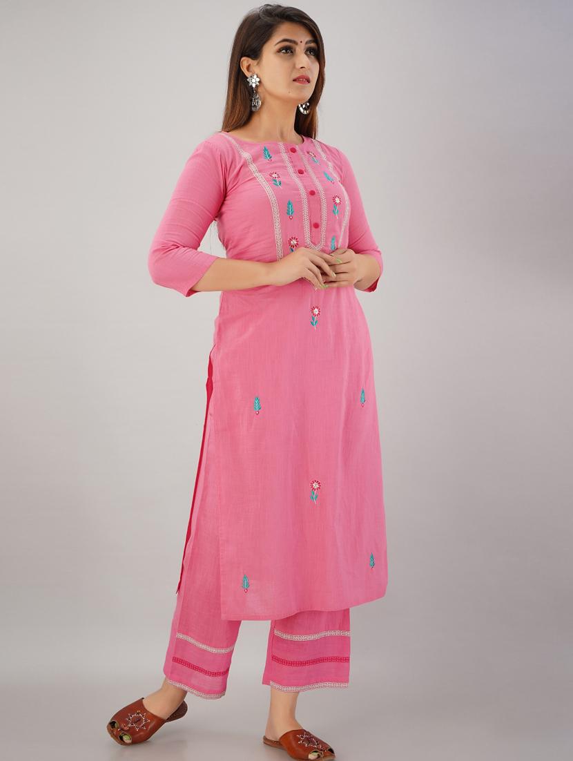 pink cotton kurta palazzo set - 18409097 - Zoom Image - 0