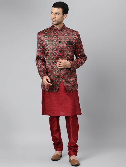 maroon printed kurta pyjama ethnic wear set - 18409505 - Very Small Image - 1