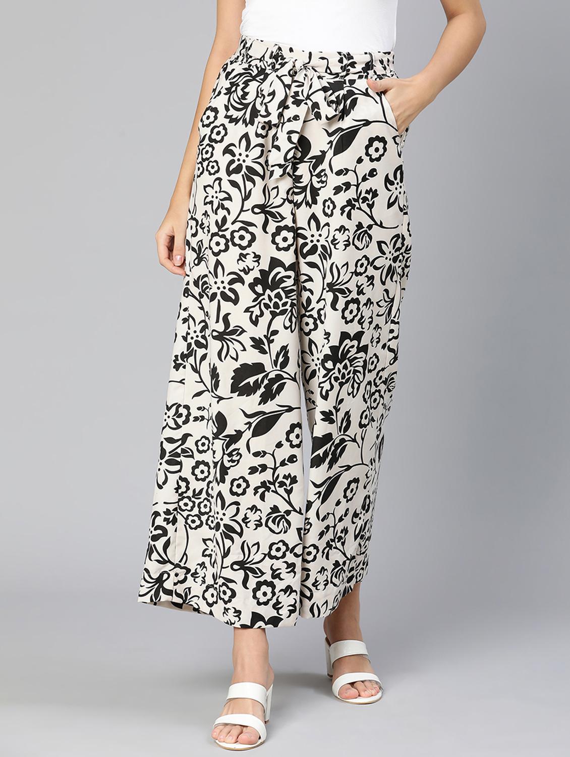 white printed flat front trouser