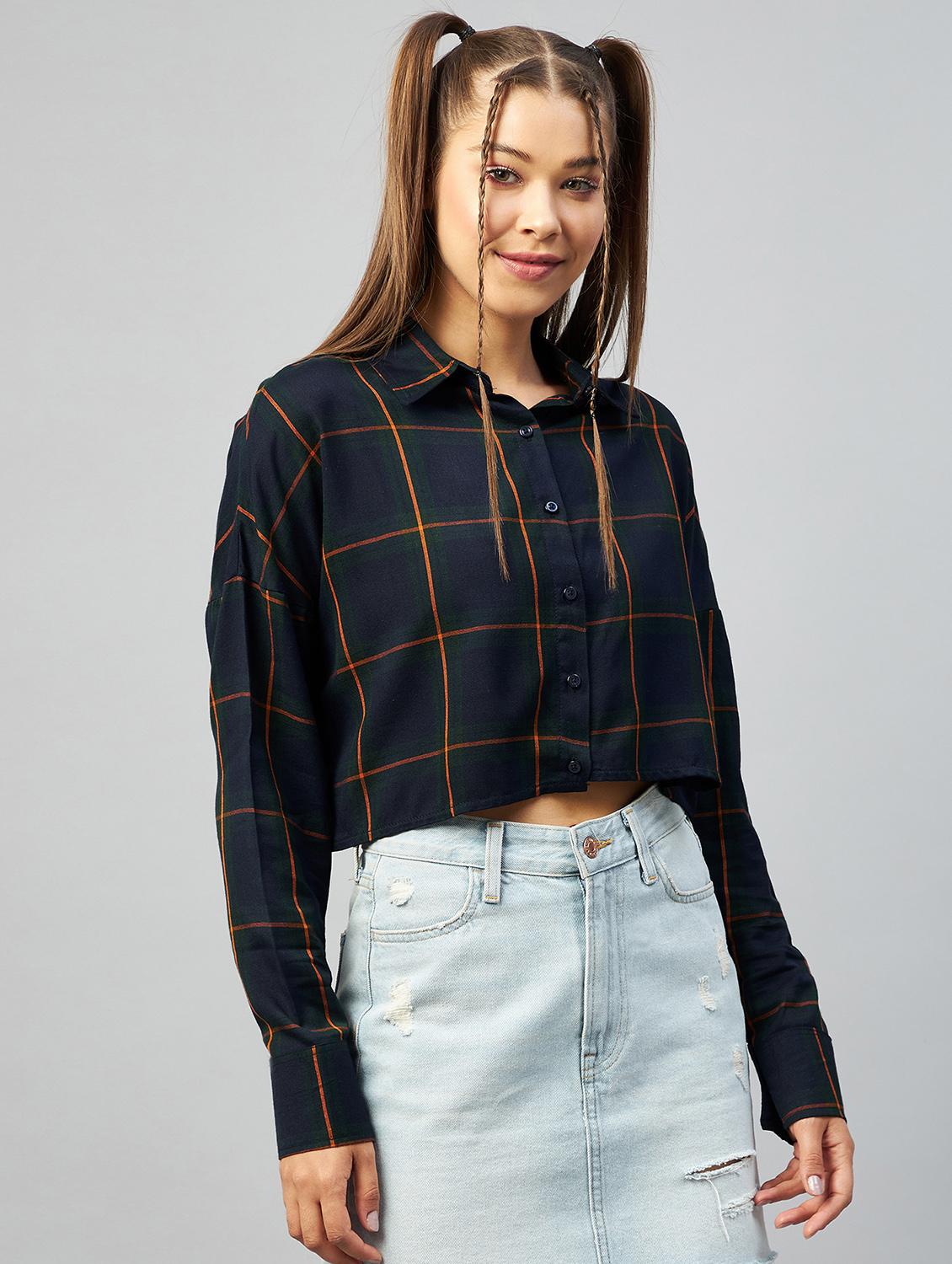long sleeved checkered crop shirt - 18426992 - Zoom Image - 0