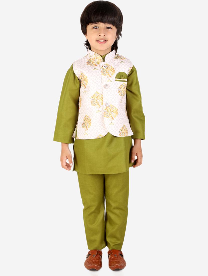 boys olive green kurta pajama with printed nehru jacket - 18438515 - Zoom Image - 0