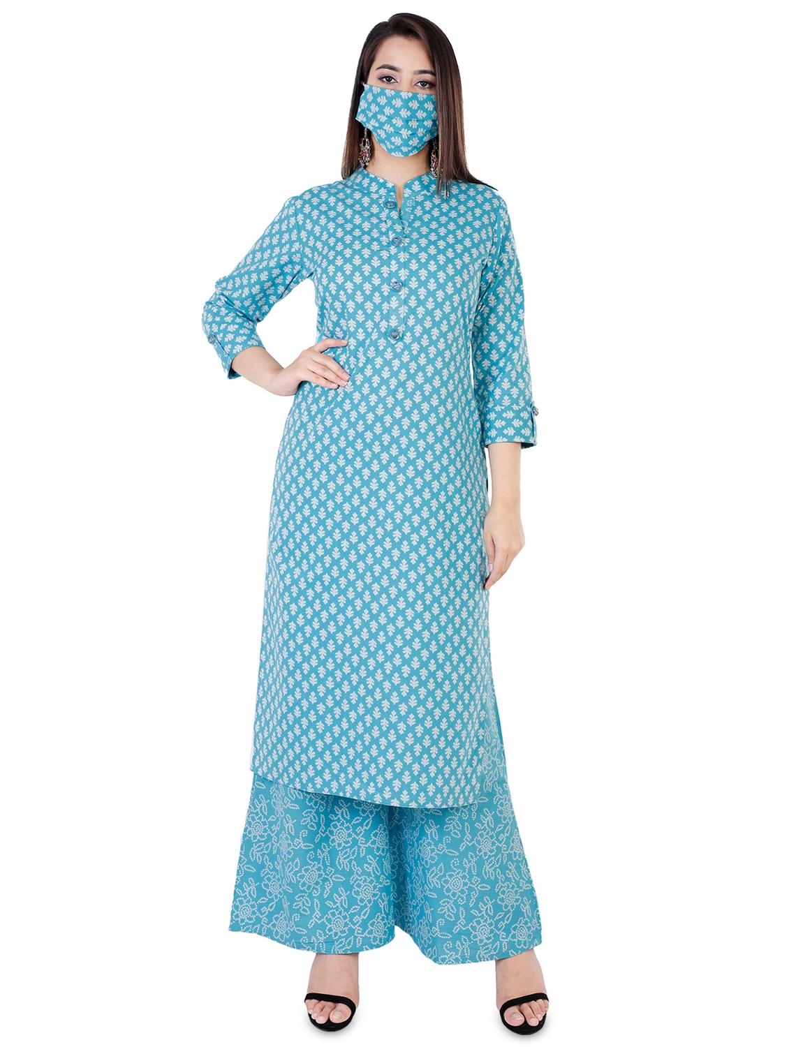 sky blue printed kurta palazzo set with mask - 18445339 - Zoom Image - 0