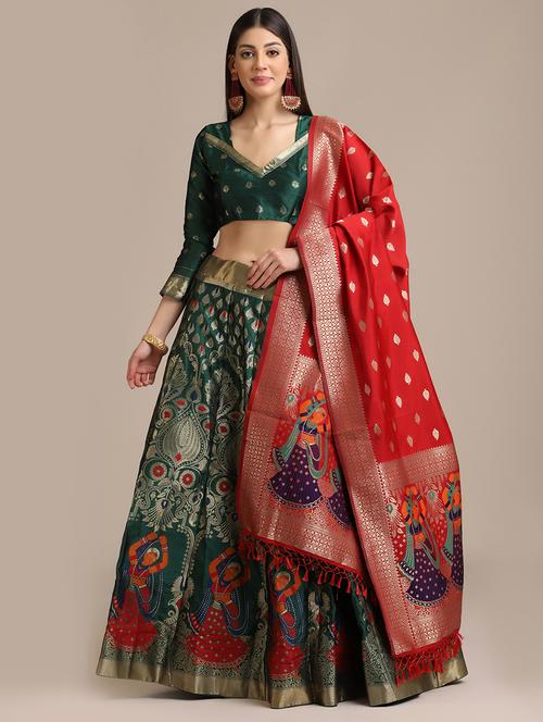 bottle green brocade flared lehenga with dupatta - 18447968 -  Standard Image - 0