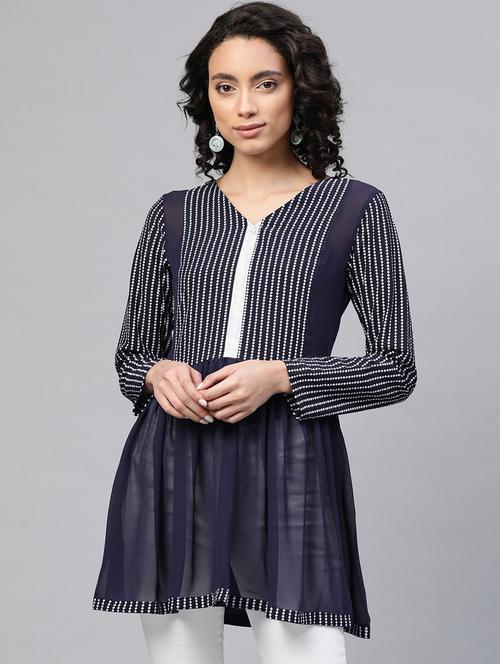 navy printed flared kurti - 18450916 - Very Small Image - 1