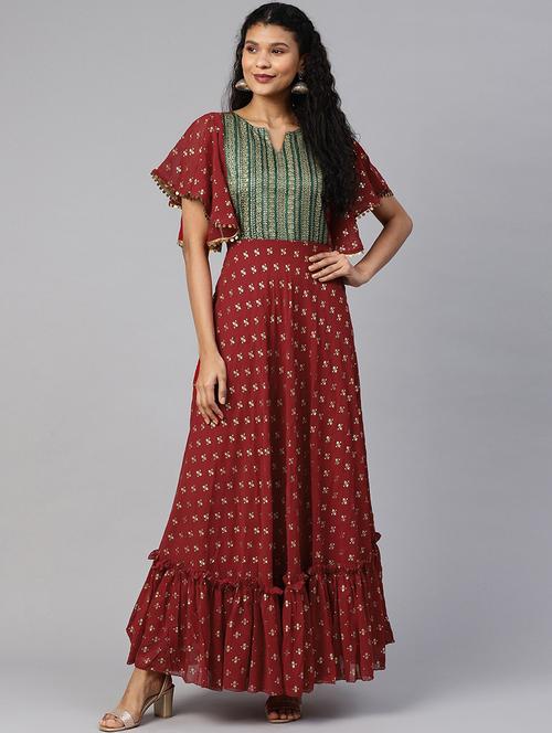 maroon foil print a-line kurta - 18463696 - Very Small Image - 1