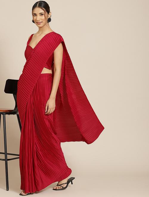 women's solid maroon colored saree with blouse - 18470964 - Standard Image - 0