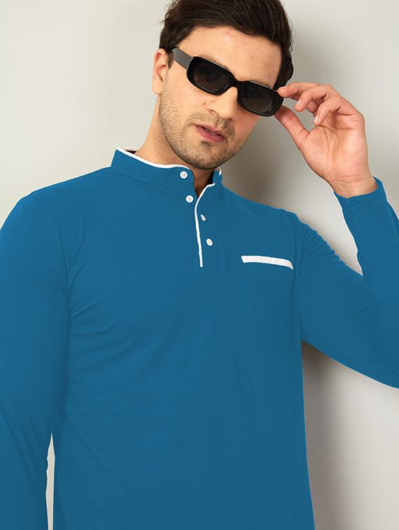 mandarin neck contrast piping solid t-shirt - 18507572 - Zoom Image - 2