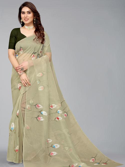 women's printed neo mint colored saree with blouse - 18531691 - Very Small Image - 1
