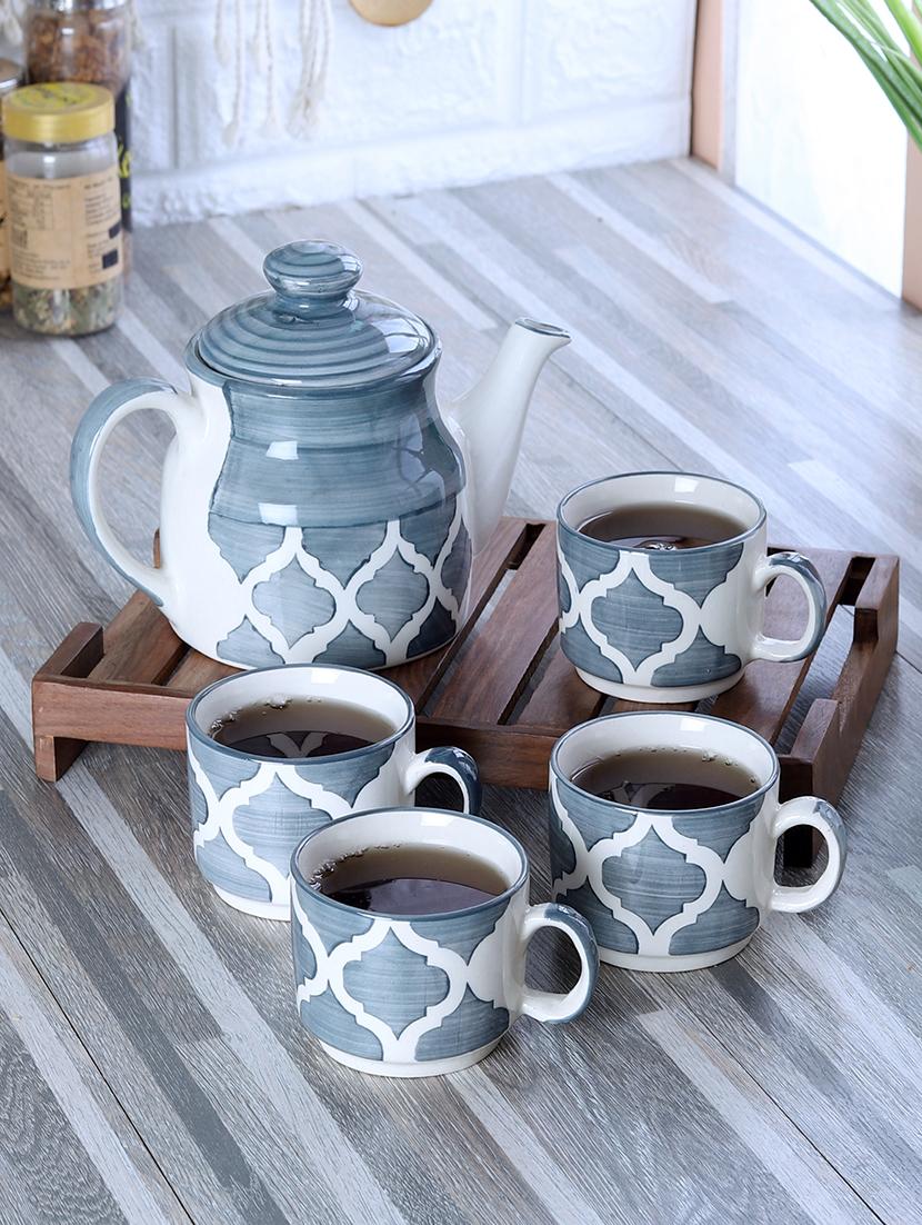 cdi grey & white ethnic motifs textured ceramic glossy kettle set