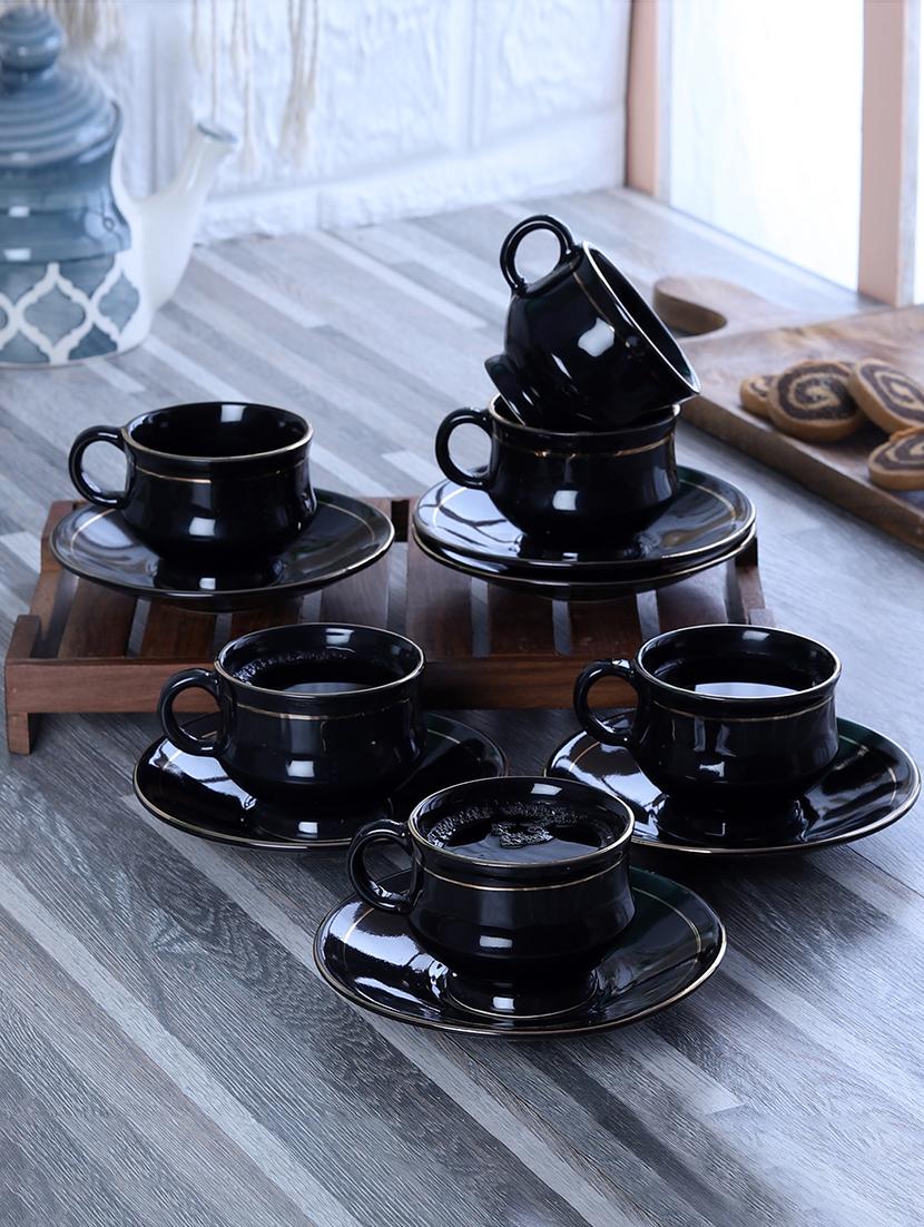 cdi 12 pieces black & gold-toned solid ceramic glossy cups and saucers set - 18538357 - Zoom Image - 0