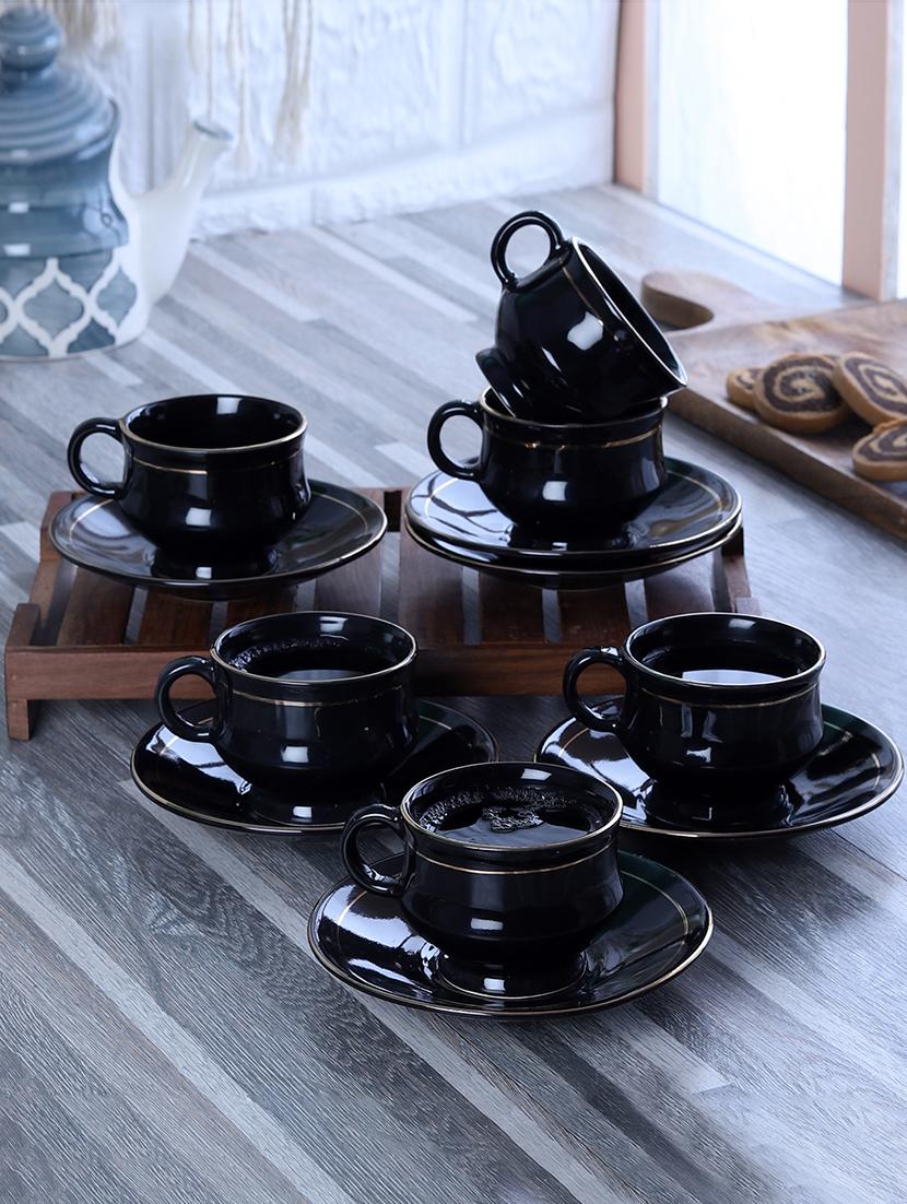 cdi 12 pieces black & gold-toned solid ceramic glossy cups and saucers set - 18538357 -  Zoom Image - 0