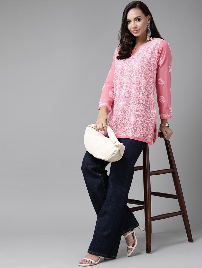 ada hand-embroidered pink chikankari straight kurti - 18577214 - Standard Image - 3