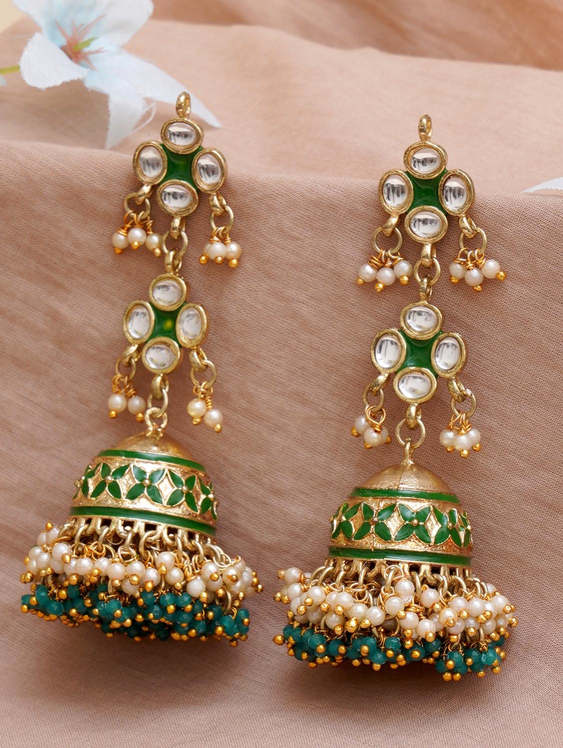 gold plated green meena handcrafted kundan jhumka earrings