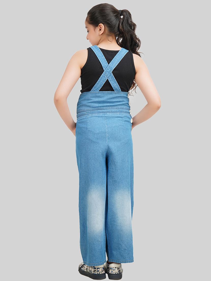 girls round neck solid denim dungarees - 18633780 - Standard Image - 2
