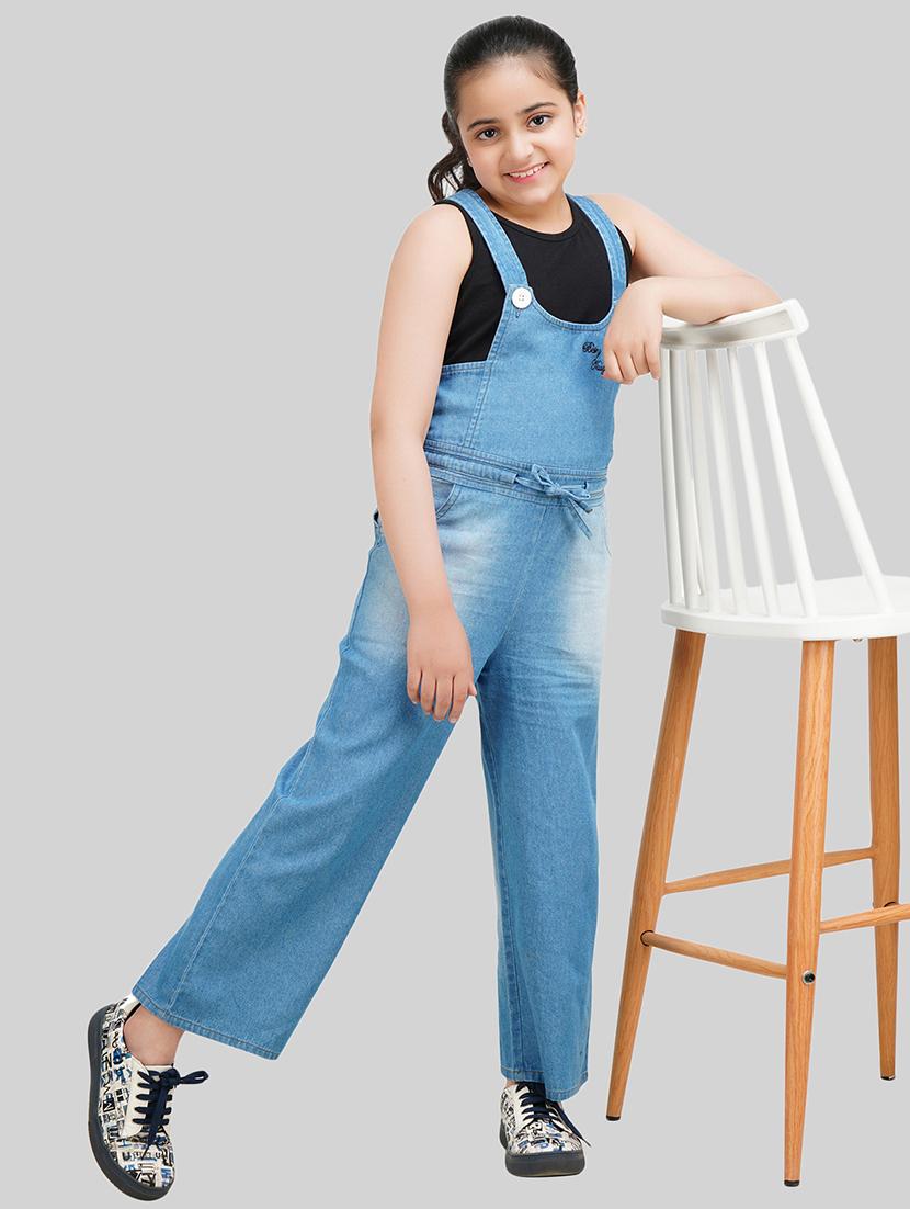 girls round neck solid denim dungarees - 18633780 - Standard Image - 3