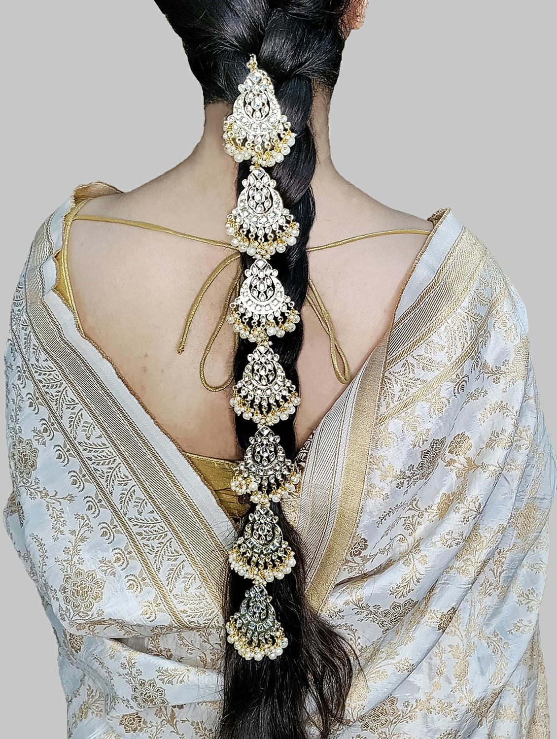 karatcart gold plated handcrafted pearl and kundan studded bridal wedding hair braid choti - 18635733 - Zoom Image - 2