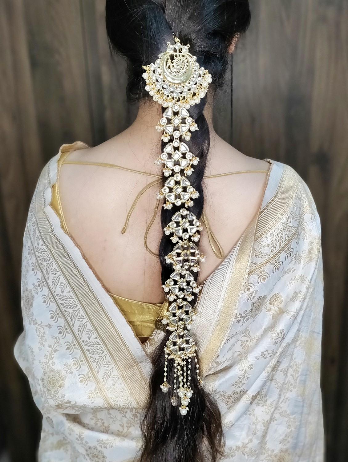 karatcart gold plated peacock design pearl and kundan studded bridal wedding hair braid choti - 18635735 - Standard Image - 2