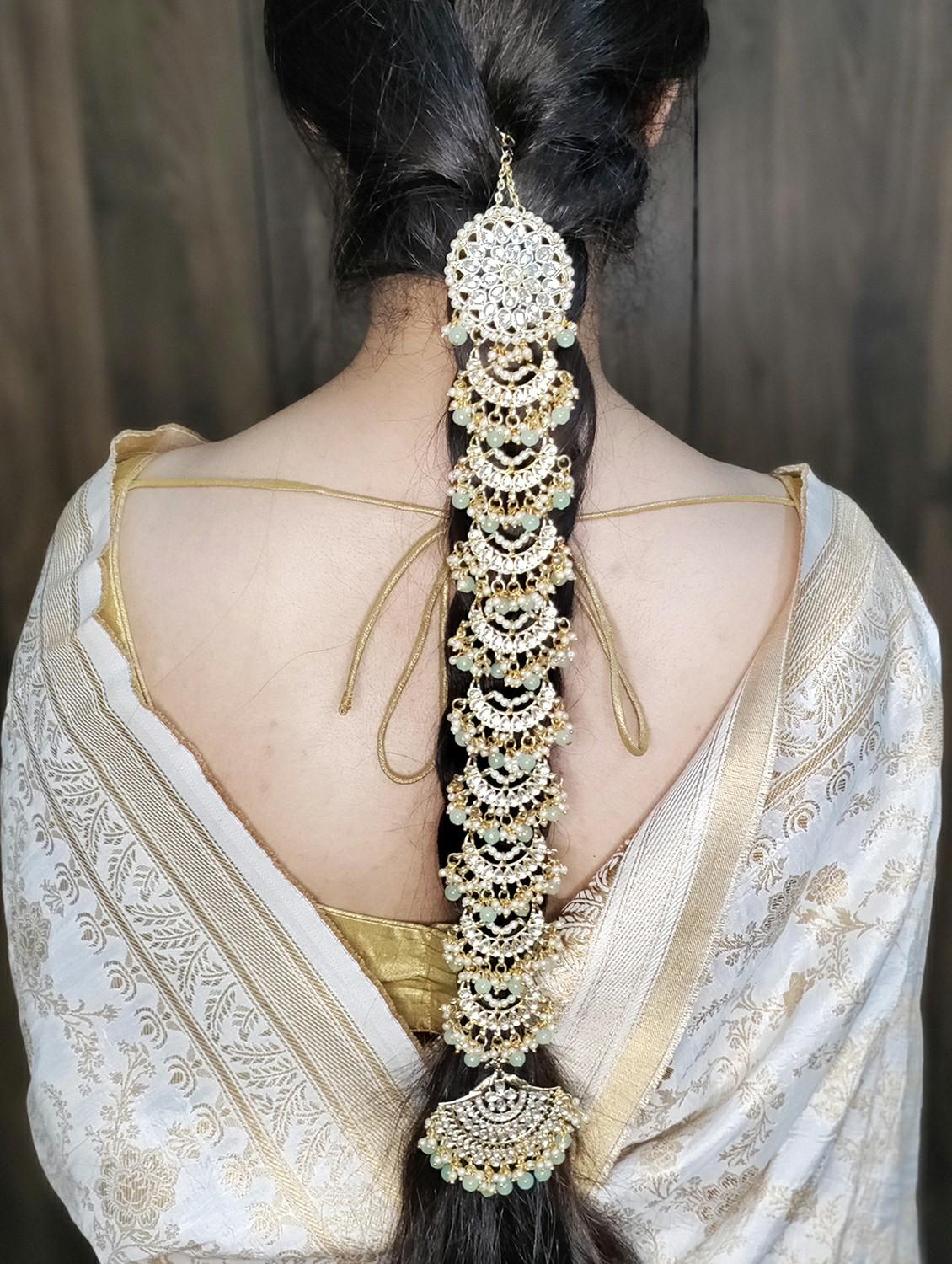 karatcart light green beads gold plated handcrafted kundan bridal wedding hair braid choti - 18635738 - Zoom Image - 2