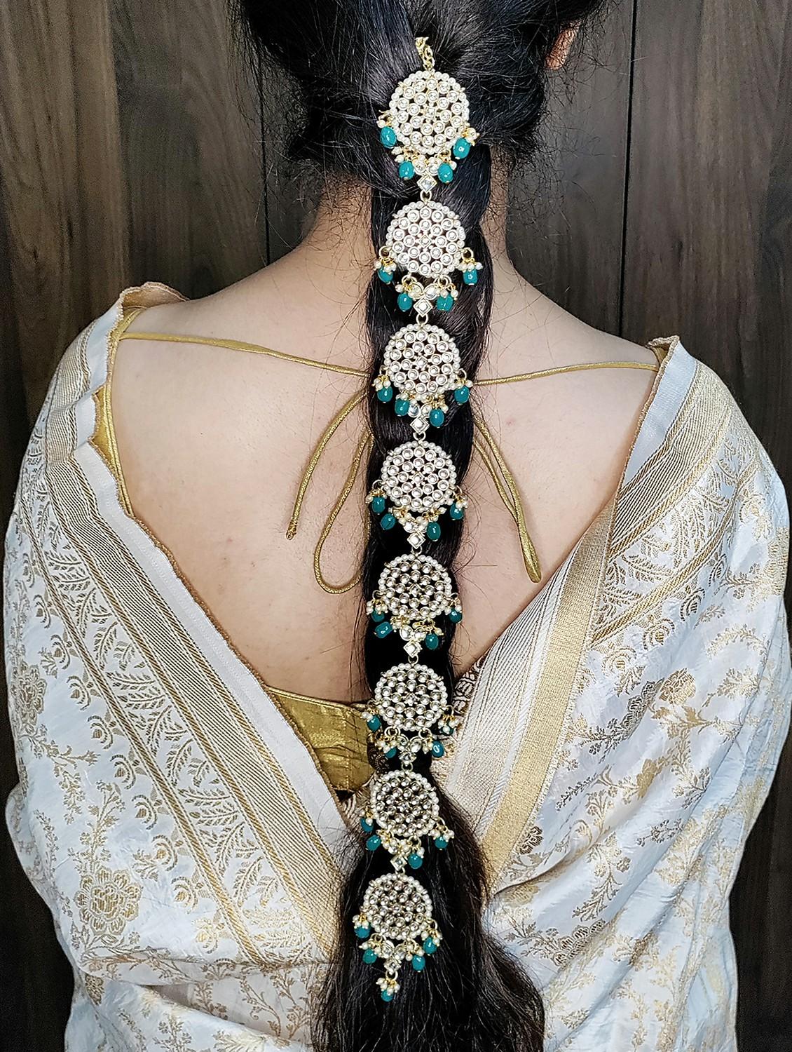 karatcart floral shape gold plated green tumble kundan bridal wedding hair braid choti - 18635739 - Standard Image - 2