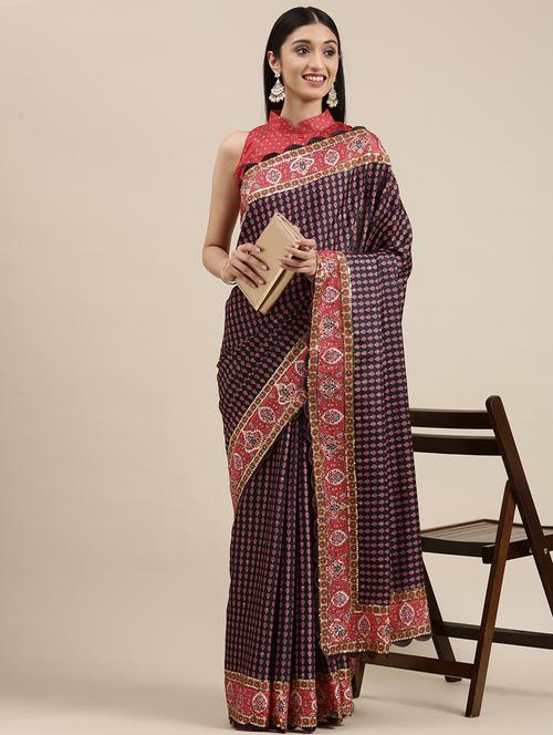 women's printed blue colored saree with blouse - 18642897 - Very Small Image - 1