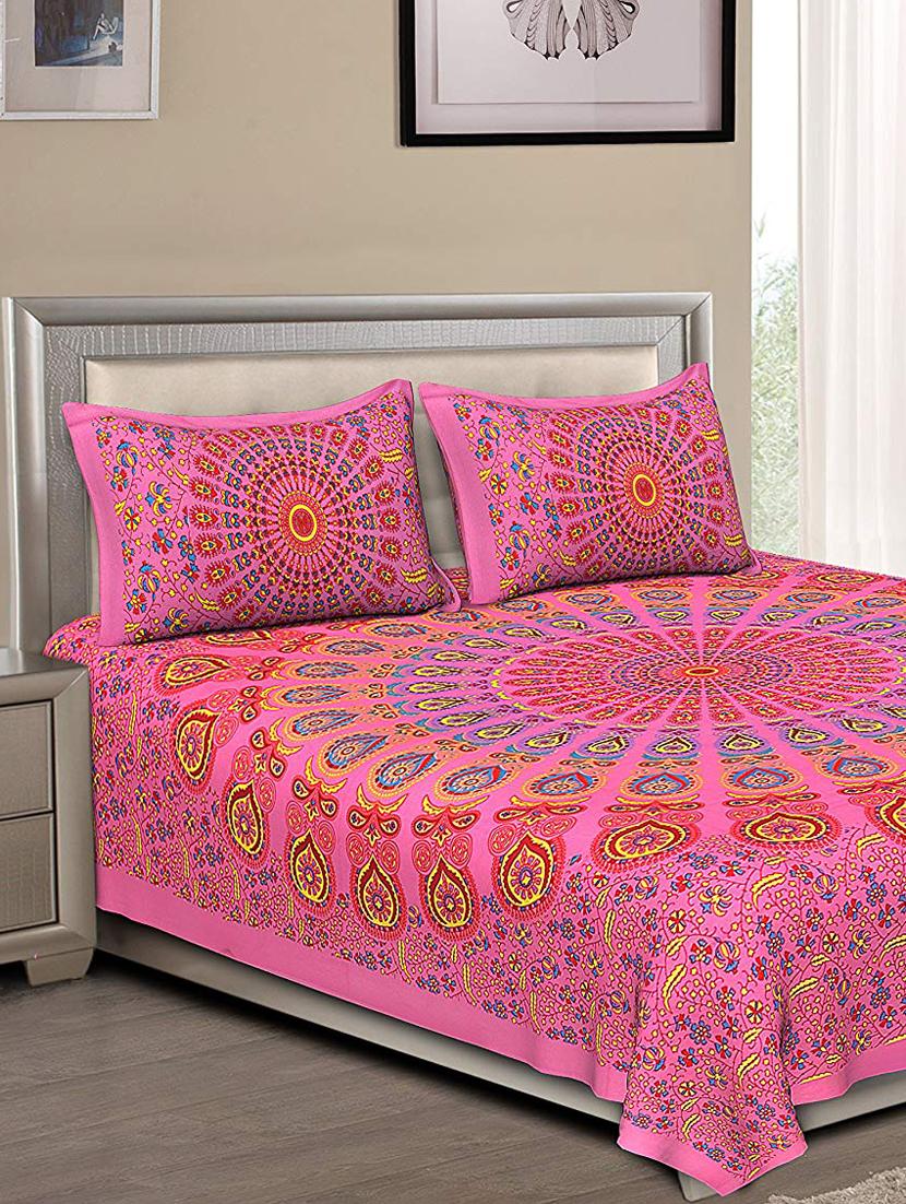 uniqchoice blue color 100% cotton jaipuri traditonal double bedsheet with 2 pillow cover - 18656040 - Zoom Image - 0