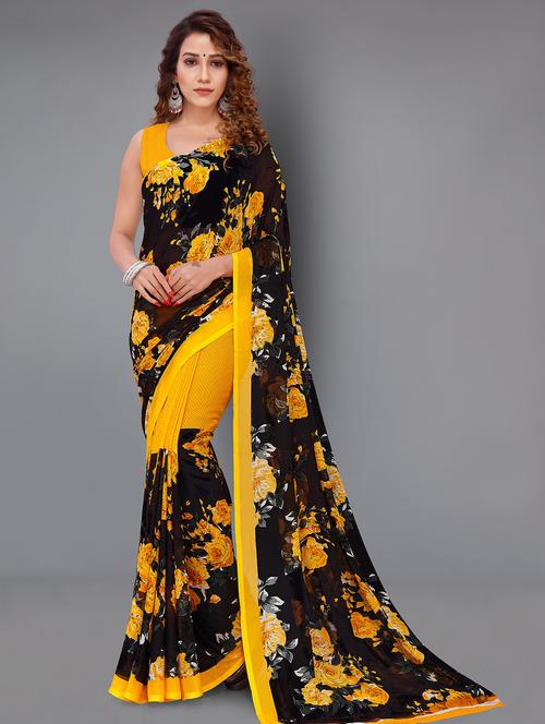 women's floral black colored saree with blouse - 18693510 - Very Small Image - 1