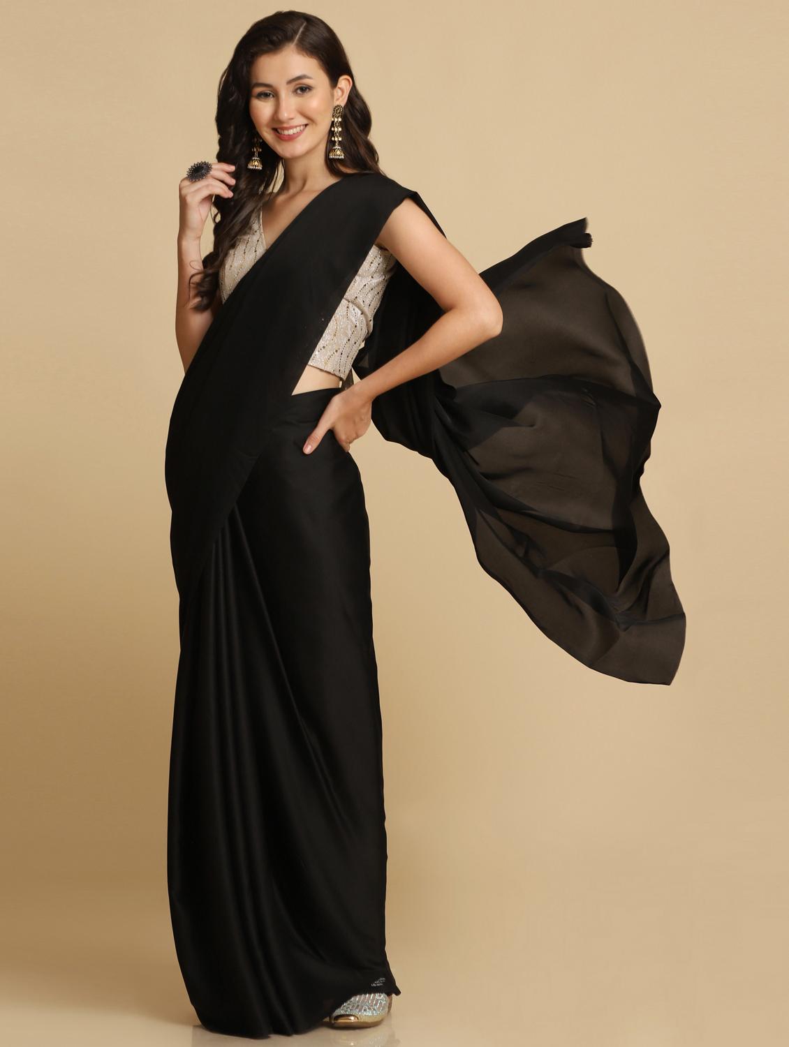 women's solid black colored saree with blouse - 18823164 - Standard Image - 2