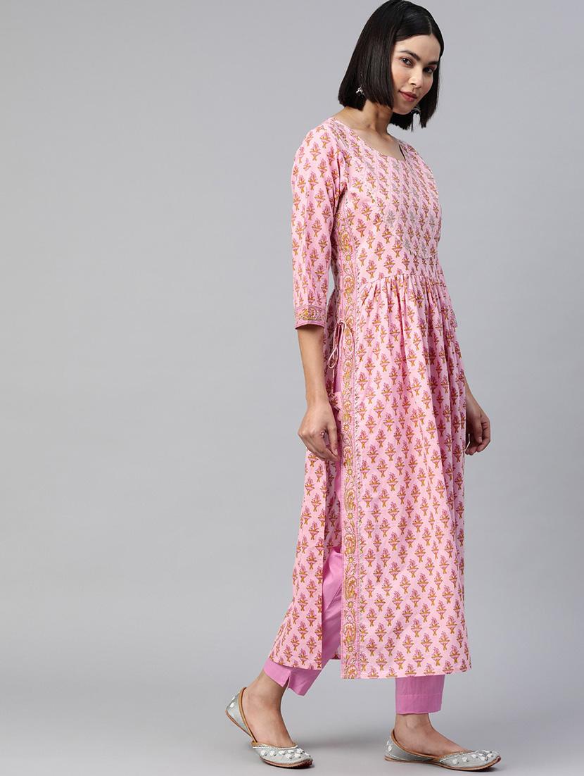 pink printed three quarter sleeve kurta pant set - 18875347 - Standard Image - 2
