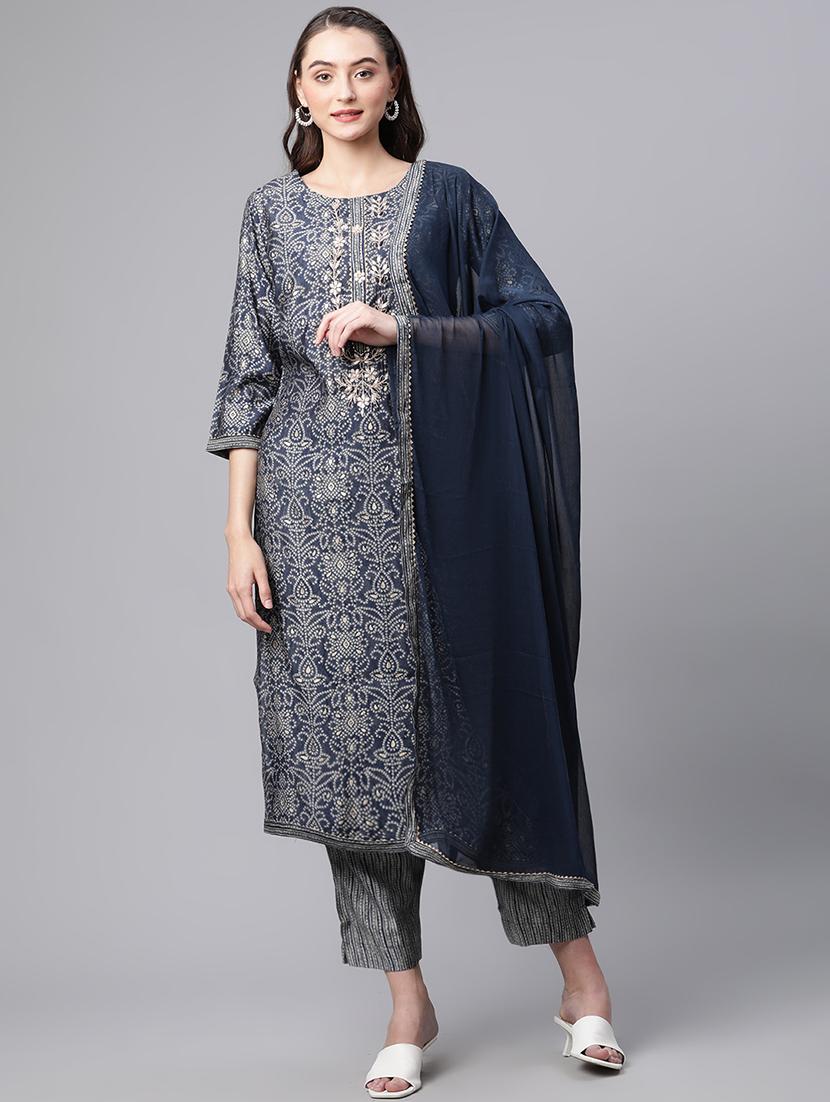 women three quarter sleeve kurta pant with dupatta set - 18886789 -  Zoom Image - 0