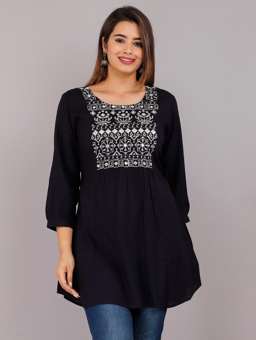 blue embroidered round neck tunic - 18949333 - Zoom Image - 0