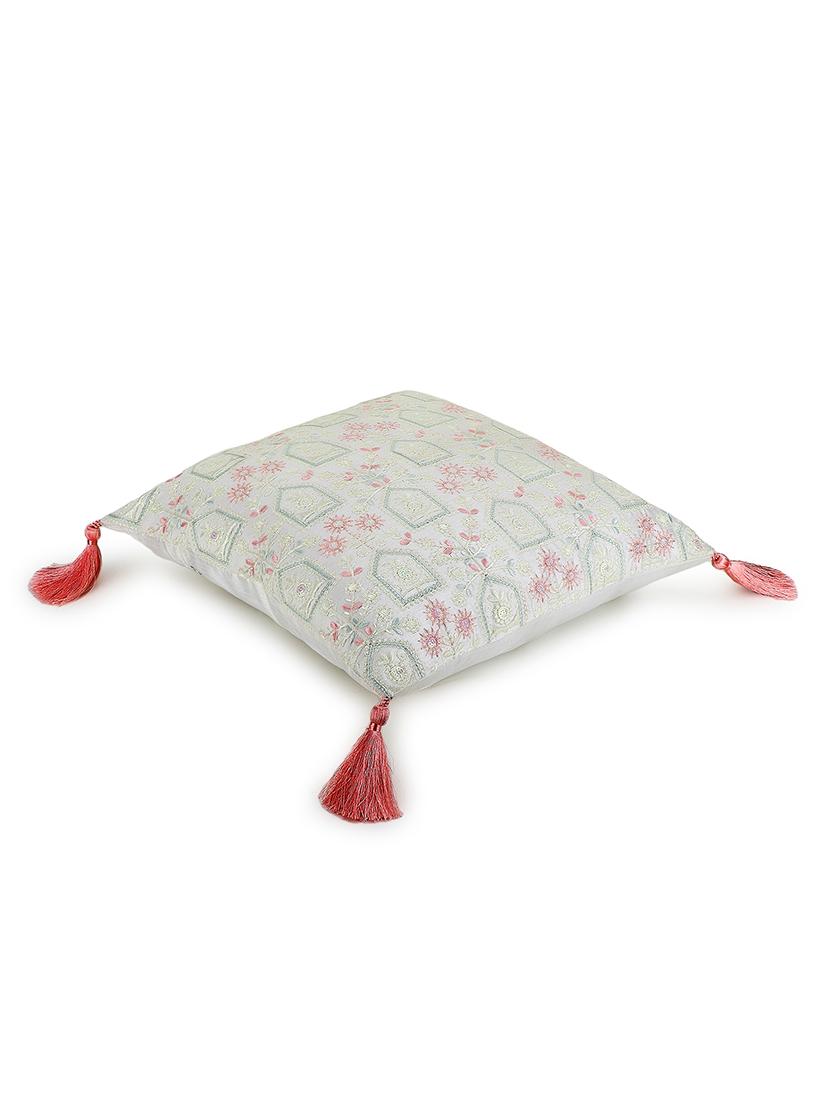 mezposh off white & pastel multi ethnic motifs embroidered faux silk cushion cover (16"x16") - 19088612 - Standard Image - 3