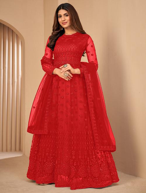 embroidered semi-stitched suit set - 19113780 -  Standard Image - 0