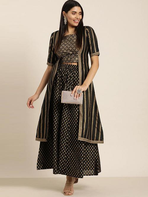 gold printed skirt top set with a shrug - 19169525 - Very Small Image - 1