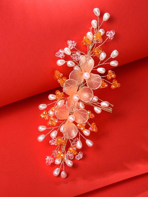 gold toned & orange stocking flowers beaded hair accessory - 19185883 - Standard Image - 0