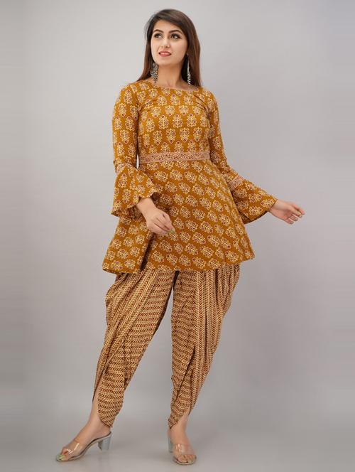 women mustard floral dhoti kurta set - 19257392 -  Standard Image - 0