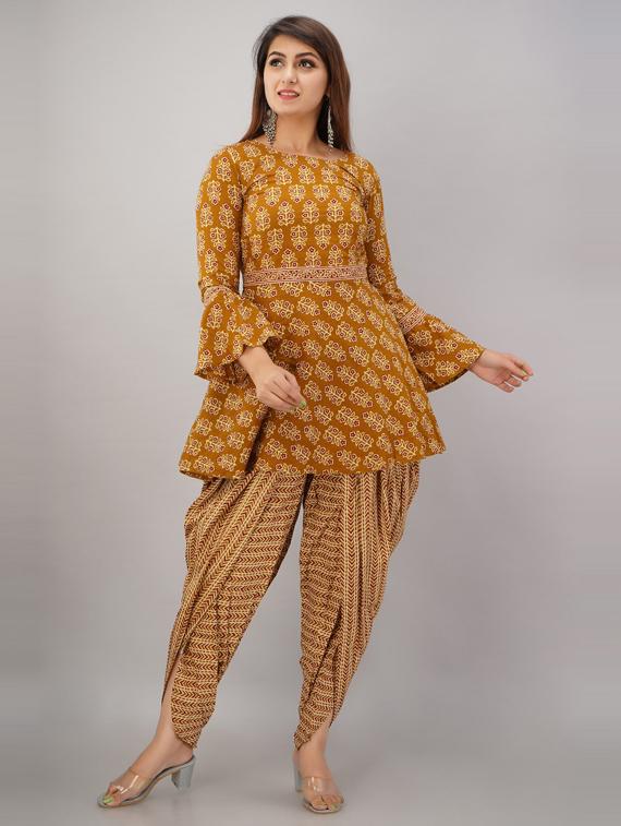 women mustard floral dhoti kurta set