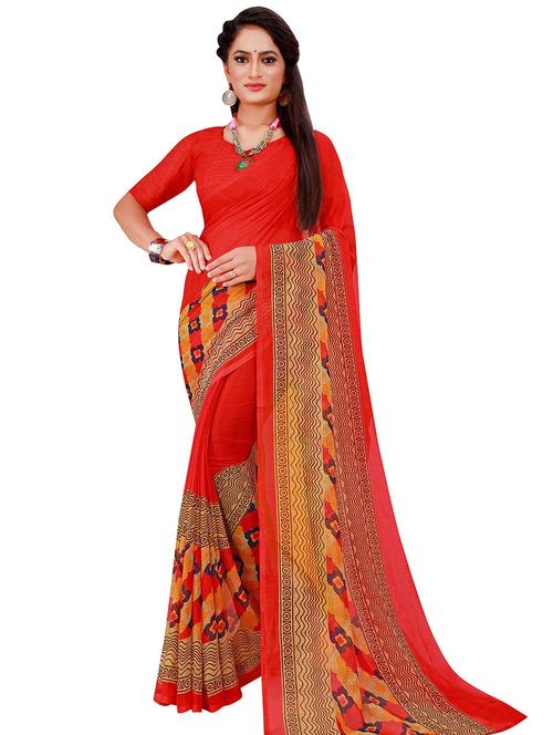 women's printed red colored saree with blouse - 19264844 - Very Small Image - 1