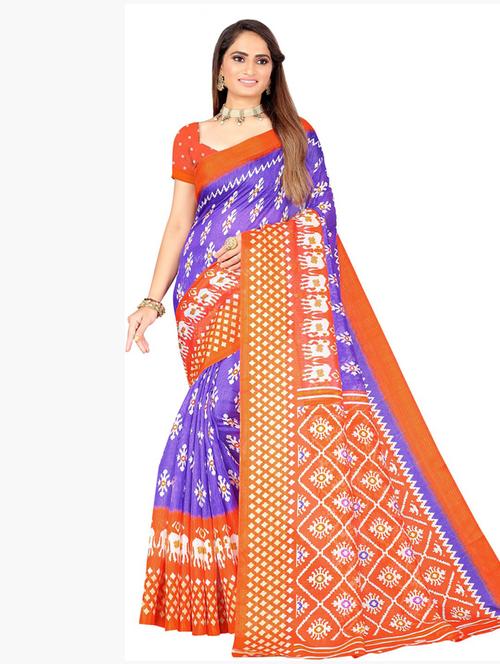 contrast border ikkat saree with blouse - 19265782 - Very Small Image - 1