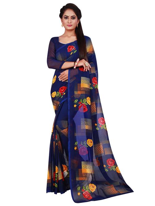 women's floral blue colored saree with blouse - 19265895 - Very Small Image - 1