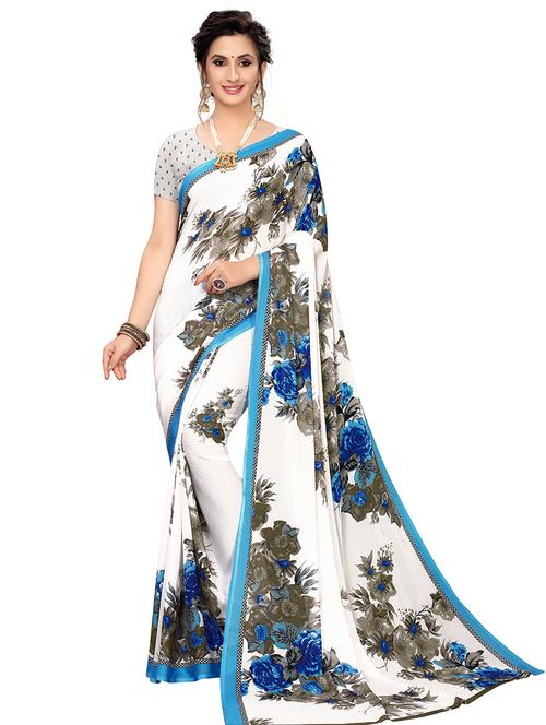 women's floral white colored saree with blouse - 19283384 - Very Small Image - 1