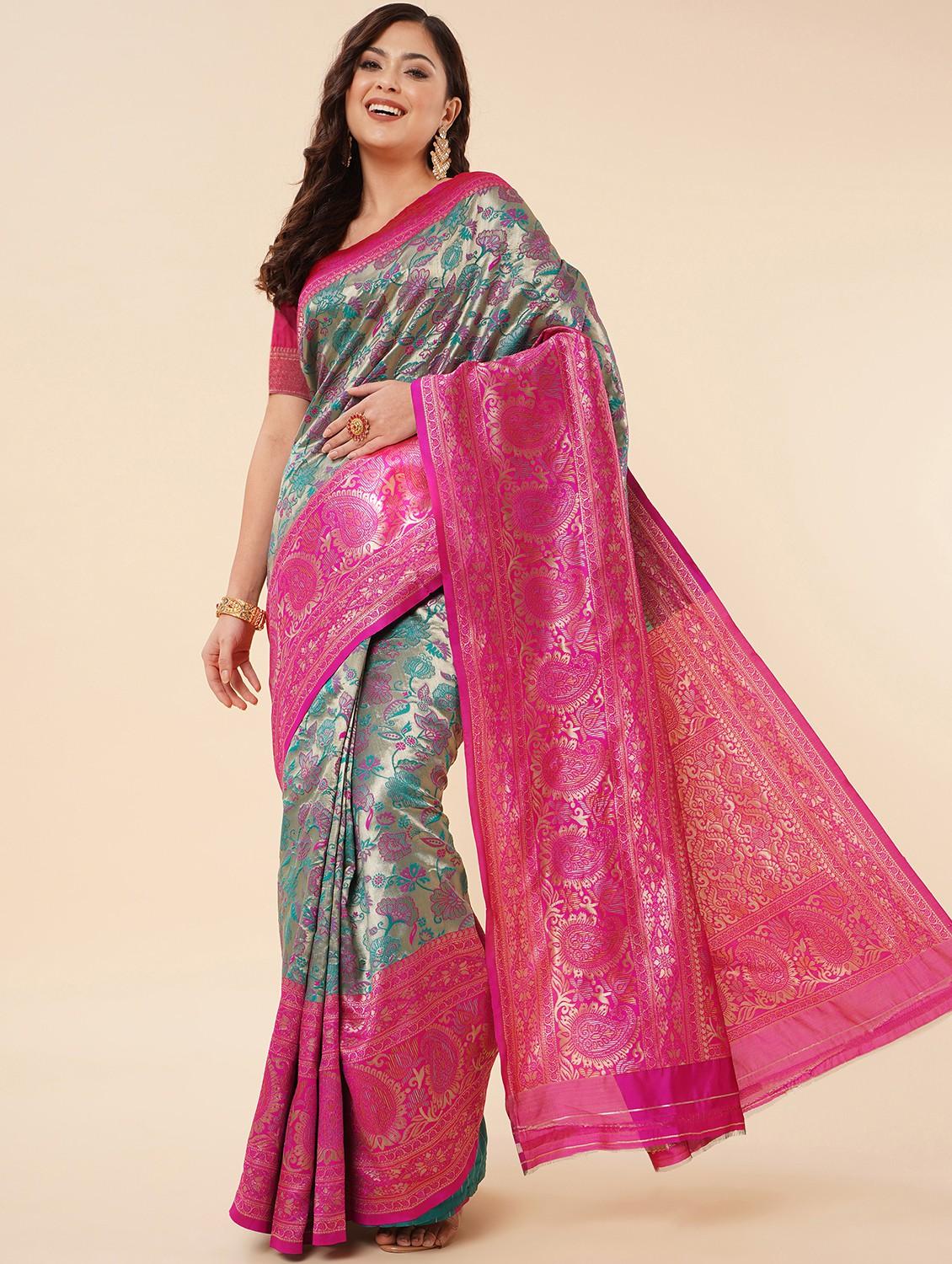 women's floral blue colored saree with blouse