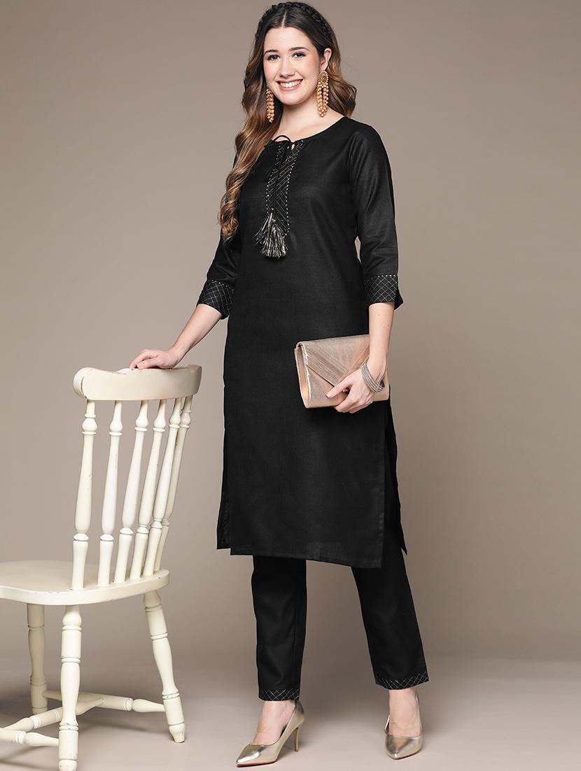 women black solid kurta pant set - 19412485 - Standard Image - 3