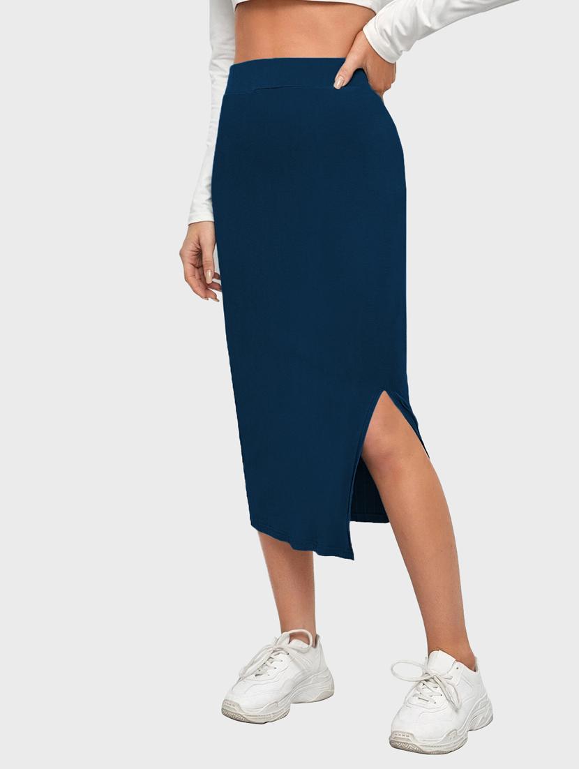 blue solid side slit skirt - 19414529 - Standard Image - 2