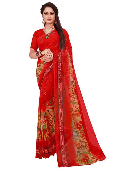 women's floral red colored saree with blouse - 19427214 - Very Small Image - 1