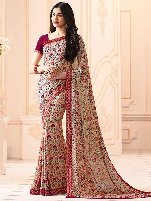 pink georgette printed saree with blouse - 19555281 -  Standard Image - 0