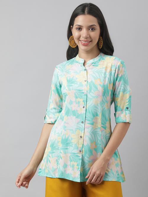 turquoise printed mandarin neck a-line tunic - 19578180 - Standard Image - 0