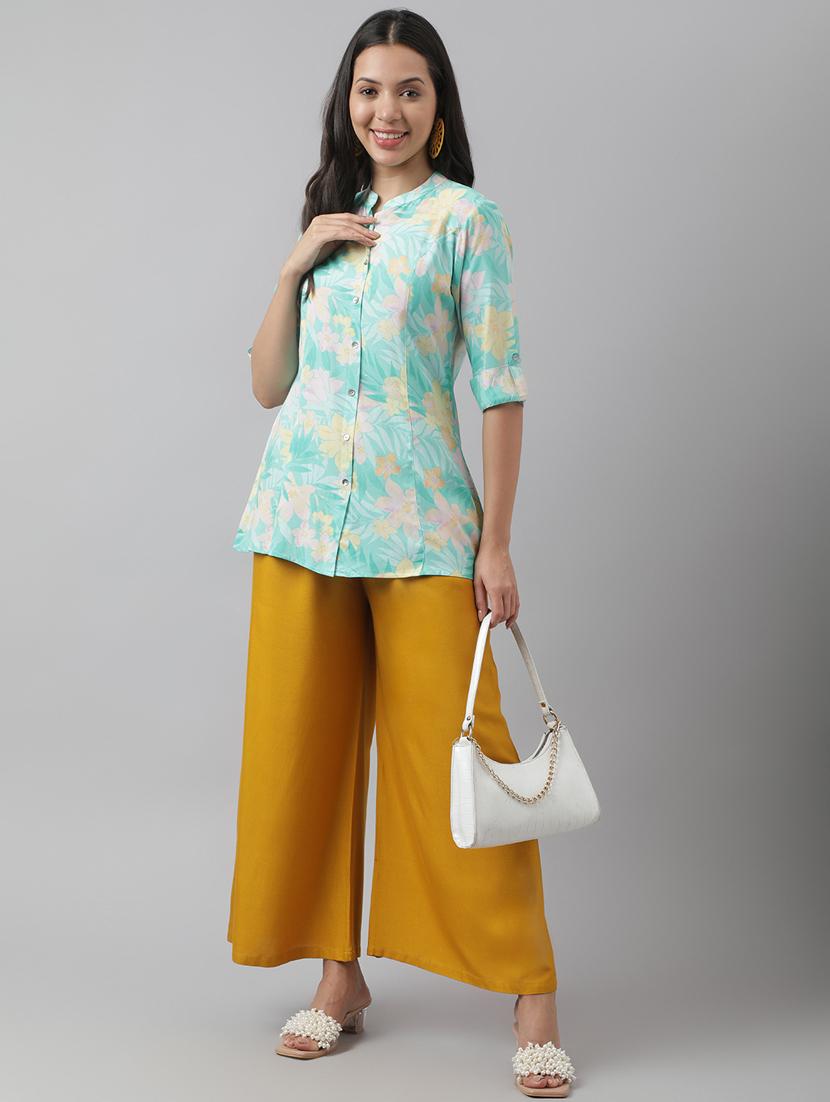 turquoise printed mandarin neck a-line tunic - 19578180 - Standard Image - 4